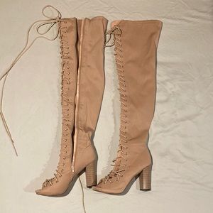 Barely worn Chase+Chloe thigh high beige lace up boots, 8.5